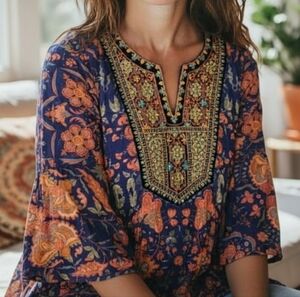 Soft Surroundings Tunic Top Small Blue Embroidered Boho Shirt 3/4 Bell Sleeves